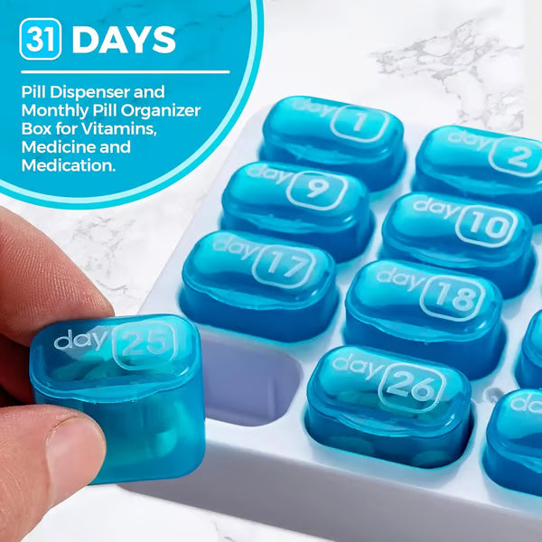 🔥Hot Sale 49% OFF✨Monthly Pill Organizer with Lid - Arthritis-Friendly Easy-Open Lids 31 Removable Daily Pill Pods Date Reminder & Travel Case for Vitamins & Medications
